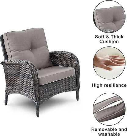 HUMMUH 5 Pieces Patio Furniture Set Wicker Outdoor Bistro Chairs with Ottomans Glass Top Side Table,Outdoor Conversation Set for Porch Deck Backyard Poolside