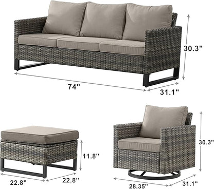 Rilyson Wicker Outdoor Patio Furniture Set - 5 Piece Patio Conversation Set with 2 Swivel Rocker Chairs,2 Rattan Ottoman and 1 Couch for Outside Porch Deck Backyard Garden(Mixed Grey/Grey)