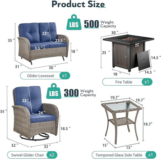 5 Piece Patio Furniture Set with Fire Pit Table - Wicker Patio Conversation Set with Swivel Glider, Glider Loveseat, Tempered Glass Side Table for Deck Backyard - Grey Wicker Blue Cushion
