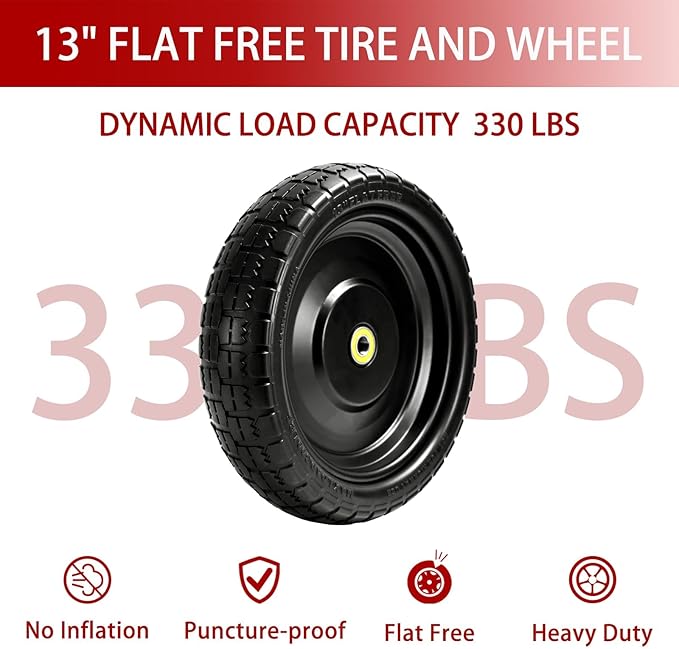 13" Flat-Free Tires and Wheels Replacement Gorilla Cart, 4.00-6 Flat-free Solid Tires for Garden Carts, Wheelbarrows & Yard Trailers - with 5/8" Bearings, 2.1" Hub Offset(4-Pack)