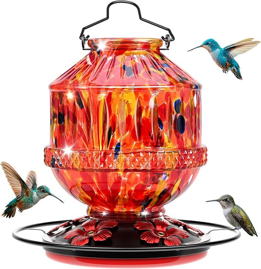 Blown Glass Hummingbird Feeders for Outdoors, 25 Ounces Wild Bird Nectar Feeder with Perch & 5 Flower Feeding Ports Leak Proof Hanging for Garden Backyard Decor, Gifts for Women Mom, Sunrise Red
