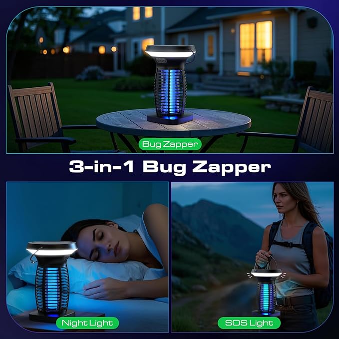 Solar Bug Zapper Outdoor, Mosquito Zapper Outdoor Waterproof Electric Rechargeable Fly Zapper with Solar Panel, 4200V Fly Trap Indoor for Home Backyard, Patio, Garden, Camping