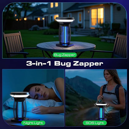 Solar Bug Zapper Outdoor, Mosquito Zapper Outdoor Waterproof Electric Rechargeable Fly Zapper with Solar Panel, 4200V Fly Trap Indoor for Home Backyard, Patio, Garden, Camping