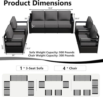 Outdoor Patio Furniture Set, 5-Piece Aluminum Patio Conversation Set All-Weather Metal Outdoor Sectional with 6 Inch Thick Cushions, Deep Setting for Garden, Outside and Porch