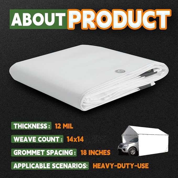 RAINDEWAY 12 Mil Heavy Duty White Tarp 16x20 Feet, UV Resistant, Waterproof, Weatherproof Poly Tarp with Metal Grommets and Reinforced Edges