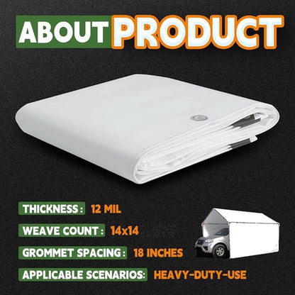 RAINDEWAY 12 Mil Heavy Duty White Tarp 10x20 Feet, UV Resistant, Waterproof, Weatherproof Poly Tarp with Metal Grommets and Reinforced Edges