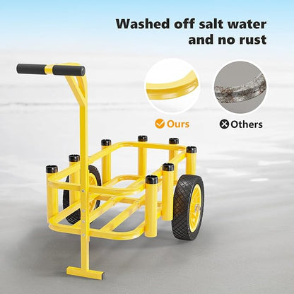 Bonnlo Beach Fishing Cart, Beach Wagon Trolley with 12" Big No-Flat Airless Tires, Foldable Beach Trailer with Large 36" x 16" Cargo Basket, 250 lbs Load Capacity, 7 Fishing Rods Holder
