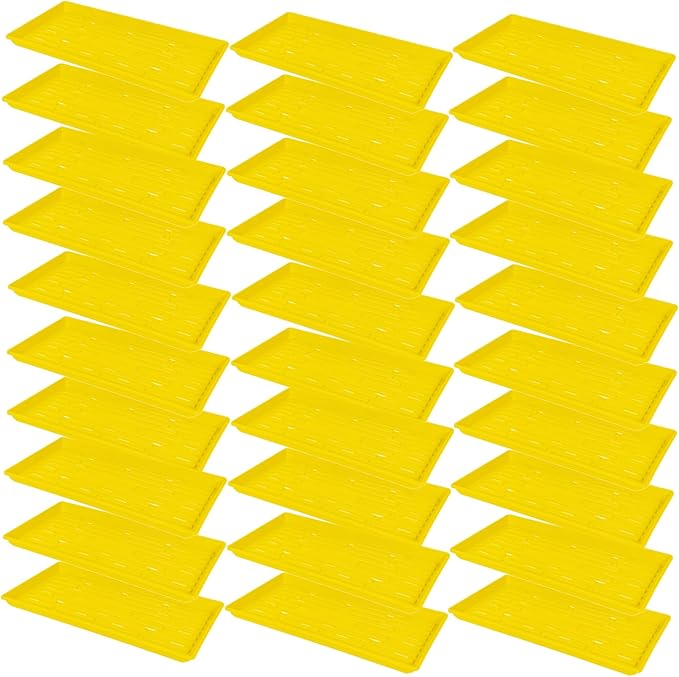 SUNPACK 10" x 20" Heavy Duty Shallow Plastic Seed Starting Tray, Yellow, 1" (Pack of 30) - Lined with Drainage Holes for Excess Water and Aeration, Ideal for Greenhouses or Indoor Gardening