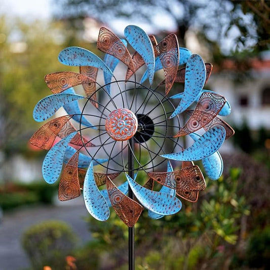 Viveta Large Wind Spinner for Yard and Garden，87.8”H *24.75" D Blue and Copper Colors Metal Outdoor Wind Sculptures & Spinners for Patio Lawn Outdoor Yard Lawn Garden