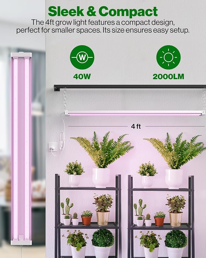 Sunco 4FT LED Grow Light for Indoor Plants 40W, Full Spectrum, Hanging Suspended Fixture, Linkable, Plug in, Greenhouse Year Round for Indoor Plants Seedlings Vegetables Flowers 4 Pack