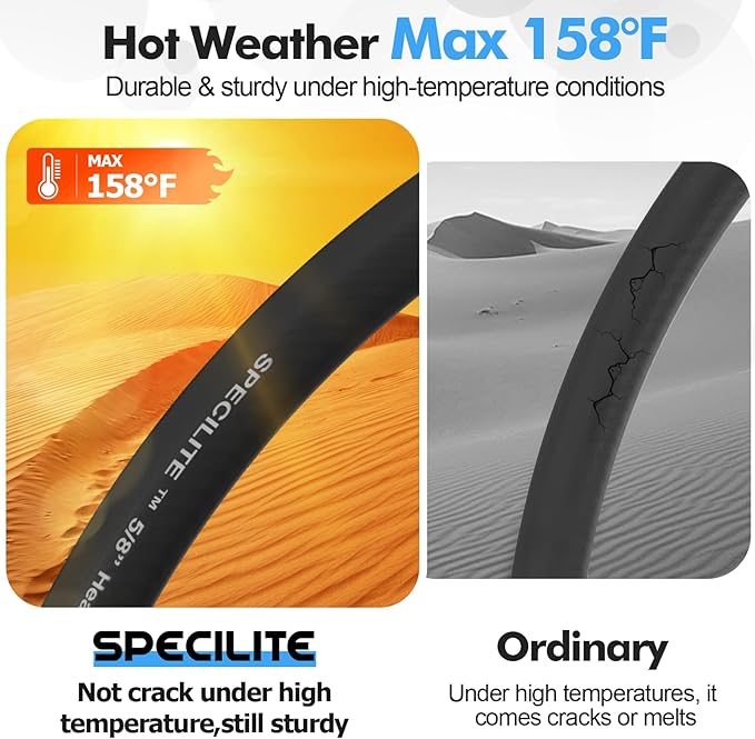 SPECILITE 5/8" Hot/Cold Garden Hose 100 ft with Industrial High Pressure Nozzle, Flexible & Lightweight, 600psi Burst Rubber Water hose -50℉-158℉ With 3/4"Stainless Steel Fittings for Yard, Black