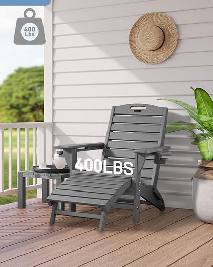 Folding Adirondack Chairs Set of 4,Adirondack Chair with Retractable Ottoman,Plastic Adirondack Chairs with 2 Cup Holder,Weather Resistant Patio Chair,Outdoor Chairs Set of 4(Grey)