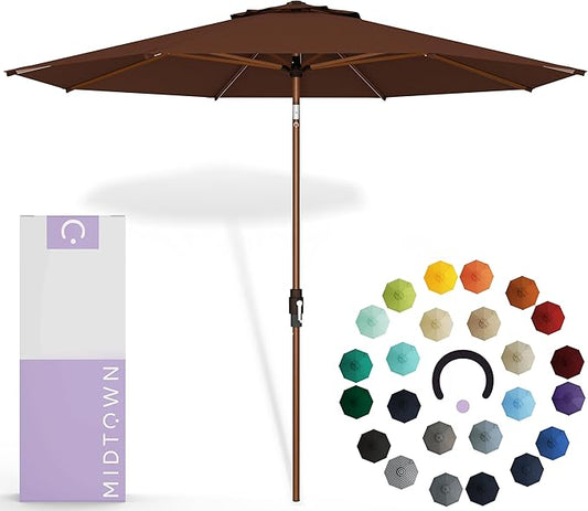 Midtown Umbrellas Sunbrella Umbrella Outdoor Patio Umbrella 2-8 Feet in Bay Brown Acrylic Fabric - Auto-Tilt Aluminum Frame For Backyard Umbrella, Deck Umbrella & Porch Umbrella - Wooden Pole