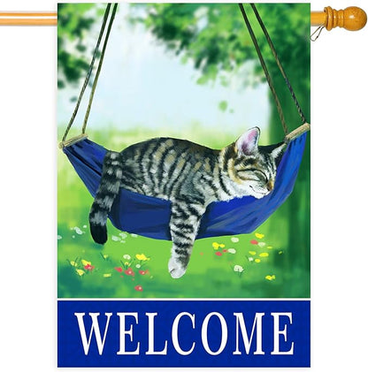 Welcome cat garden flags for outside 28x40，seasonal flags with cats double sided house flags, spring House Yard Lawn Decor Holiday Funny Garden Yard Decoration