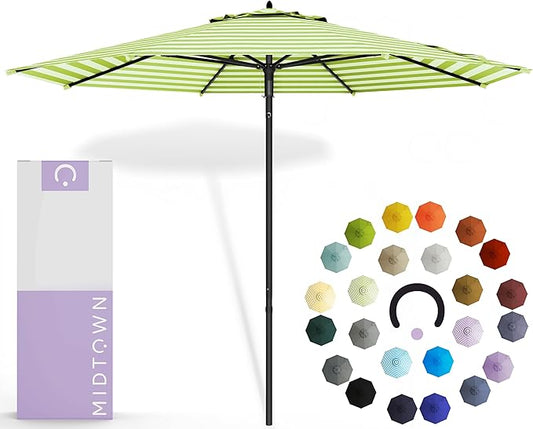 Midtown Umbrellas Push and Pop 9 Feet Outdoor Umbrella, Pear Stripes Polyester Fabric - Fiberglass Ribs Deck Patio Umbrella, Backyard Umbrella, Garden Umbrella & Pool Umbrella - Black Pole