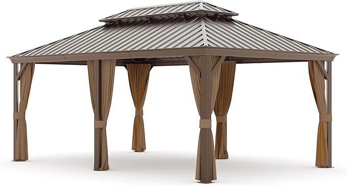 12' x 18' Outdoor Hardtop Gazebo Aluminum Frame with Double Metal Roof, Canopy Netting, Curtain, Patio Permanent Galvanized Steel Gazebo for Backyard, Garden, Party, Deck, Lawn