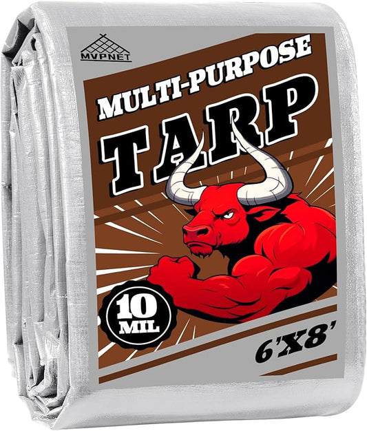 Tarp 6x8 ft Heavy Duty 10mil Silver/Brown 100% Waterproof High Durability Multipurpose Outdoor Tarpaulin,Uv Resistant,for Courtyards,Camping, Canopy, Trailer, Boats, Camping, Etc -by MVPNET