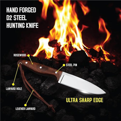 H & H BLADES Handmade D2 Steel Skinning Knife With Leather Sheath-10 Fixed Blade Hunting Knife Best For Bushcraft, Survival,Camping,Fishing and Outdoor Activities-Collector Hunter Men Gifts
