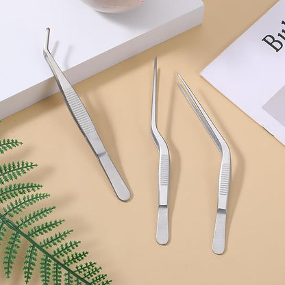 Garden Tweezers, 3 Pcs Stainless Steel Plant Tweezer Set Straight and Curved Precision Tweezers Multipurpose Bonsai Tools for Garden, Kitchen, Indoors and Outdoors (6.22Inch / 6.3Inch / 6.4Inch)