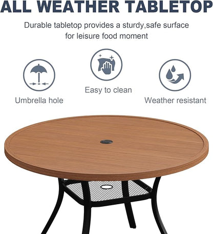 VICLLAX 40.6" Round Metal Outdoor Dining Table for 4, Patio Table with Umbrella Hole and Storage Shelf for Garden, Lawn, Deck, Walnut
