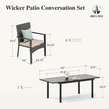 HERA'S HOUSE 7 Pieces Patio Dining Set for 6, Outdoor Rattan Chairs and Extendable Metal Dining Table with 1.57" Umbrella Hole for Deck, Balcony, Backyard, Garden