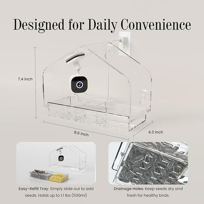 Smart Window Bird Feeder Camera with AI, Modern Design for Panoramic Views, 2K HD Live Feed, USB Powered & Secure Suction Mount - The Ultimate Tech Gift (Clear)