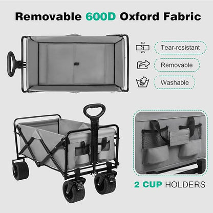 MMQ Heavy-Duty Folding Wagon with 550lbs Weight Capacity, Collapsible Wagon with Big Wheels - Robust Construction, Spacious Interior, Adjustable Rolling Carts, Outdoor Folding Camping Wagons, Portable