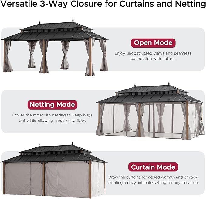 SUNJOY Kingston 20' x 12' Hardtop Gazebo with Galvanized Steel Double Roof, Curtain and Netting, Woodgrain Finish Aluminum Posts Permanent Pavilion Gazebo for Garden, Patio, Deck, Lawn
