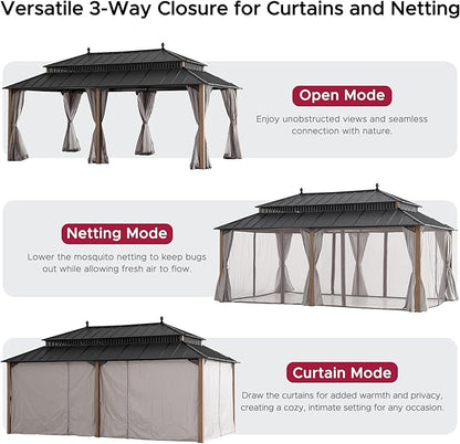 SUNJOY Kingston 20' x 12' Hardtop Gazebo with Galvanized Steel Double Roof, Curtain and Netting, Woodgrain Finish Aluminum Posts Permanent Pavilion Gazebo for Garden, Patio, Deck, Lawn