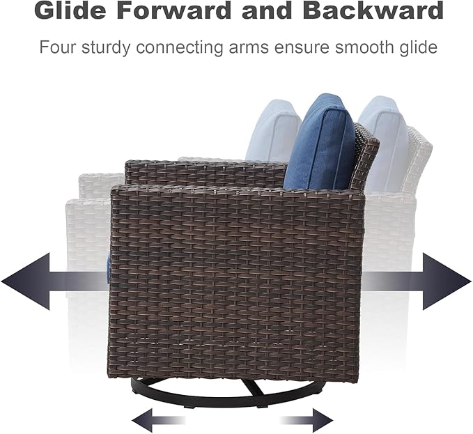 Wicker Outdoor Swivel Chairs Set of 4 with Fire Pit Table, 5 Pieces Patio Furniture Set with Fire Pit Table for Yard, Deck, Garden, Brown/Blue