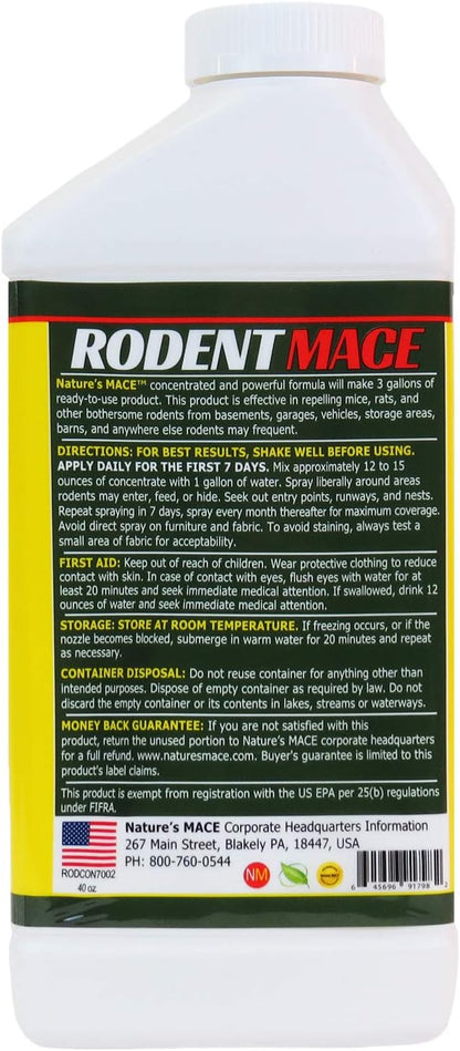 Nature’s MACE Rodent Repellent 40oz Concentrate, Covers 16,800 Sq. Ft.,Repel Mice & Rats, Keep Mice, Rats & Rodents Out of Home, Garage, Attic, and Crawl Space, Safe to Use Around Cildren & Pets