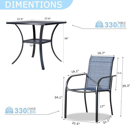3 Pieces Round Dining Table Set for 2, Patio Dining Set Includes 2 Blue Stackable Patio Chairs and 27.6" Black Metal Square Table, Patio Furniture Sets with Sling Support for Outside, Garden
