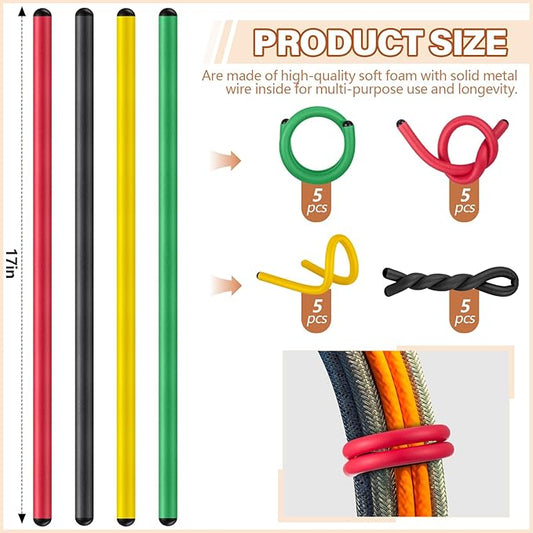 20 Pcs 17 Inch EVA Foam Twist Rubber Ties Reusable Bendable Cable Tie Straps Flexible Heavy Duty Twisty Ties for Organizing Cords Bundling (Red,Yellow,Green,Black)