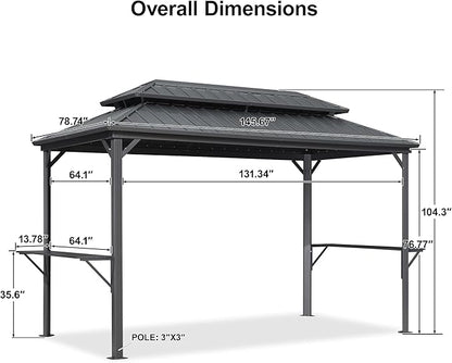 PURPLE LEAF 6.5' X 12' Hardtop Grill Gazebo for Patio Permanent Aluminum Barbeque Shelter with Ceiling Hook and Shelves Double Tiered Grey Outdoor BBQ Gazebo