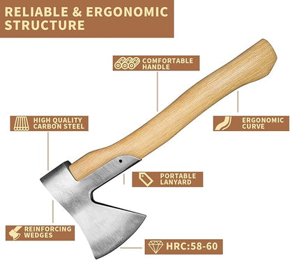 Camping Axe, 15'' Hatchet for Wood Splitting and Chopping, Gardening Small Axe Wooden Handle Tools with Sheath for Camping, Hiking (15inch)