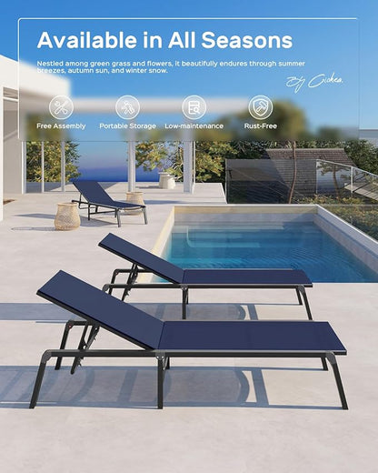 Patio Chaise Lounge Chair, Foldable Lounge Chair for Outside, Aluminum Chairs Set of 2 with 5 Adjustable Backrest, Outdoor Pool Lounger for Poolside, Lawn, Deck, Navy Blue