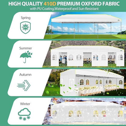 COBIZI 10x30 Pop Up Canopy with Sidewalls 10x30 Party Tent Outdoor Wedding Event Canopies for Parties UPF 50+ Windproof Waterproof Gazebo with Air Vent, Wheeled Bag, Sandbag, Stake, Rope, White
