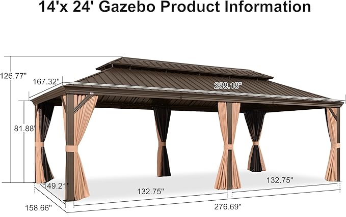 PURPLE LEAF 14' X 24' Outdoor Hardtop Gazebo Patio Wide Aluminum Frame Galvanized Steel Double Roof with Heavy Duty Netting and Curtains for Permanent Hard Top Pavilion Screen,Khaki