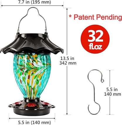 LUJII Solar Powered Color Changing Hummingbird Feeder for Outdoors Hanging, Hand Blown Glass Reservoir, 32 fl.oz, Never Leak, Illuminated Lantern for Garden Decor, for Bird Lover (Teal)