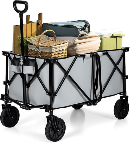 Goplus Collapsible Wagon, Folding Utility Wagon Cart w/Universal Wheels & Adjustable Handle & Cover Bag, Grocery Wagon for Garden Shopping Camping (Grey)