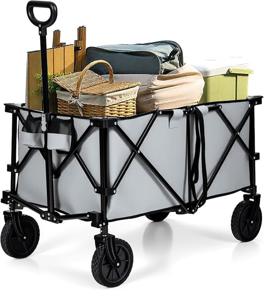 Goplus Collapsible Wagon, Folding Utility Wagon Cart w/Universal Wheels & Adjustable Handle & Cover Bag, Grocery Wagon for Garden Shopping Camping (Grey)