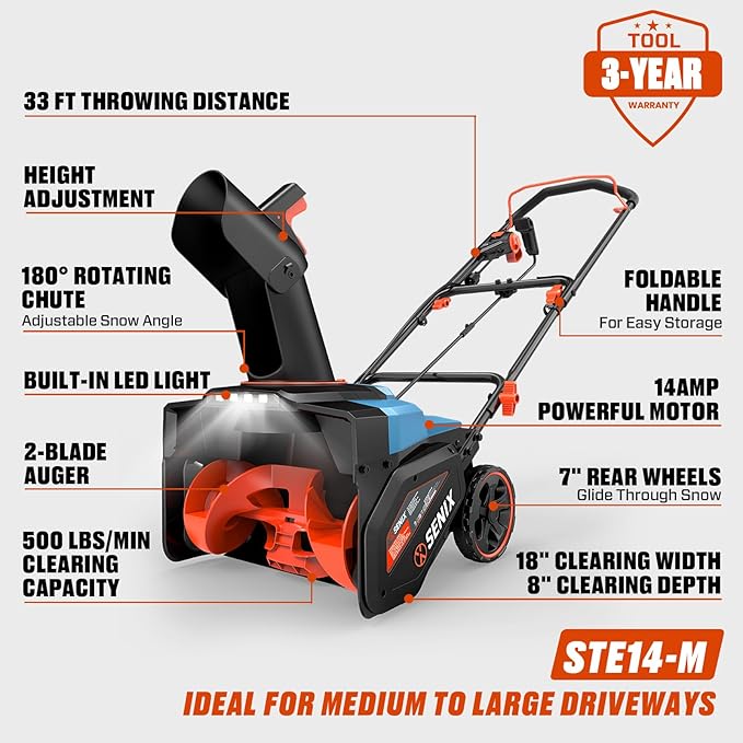 SENIX Corded Snow Blower,18 Inch Snow Thrower, Electric Snow Blower with 8" Clearing Depth, 600lbs/min, Max 33ft Throw Distance, 14Amp,1700 Watt Motor, 4 LED Lights