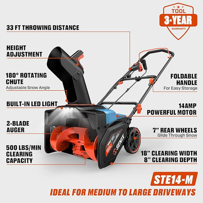 SENIX Corded Snow Blower,18 Inch Snow Thrower, Electric Snow Blower with 8" Clearing Depth, 600lbs/min, Max 33ft Throw Distance, 14Amp,1700 Watt Motor, 4 LED Lights