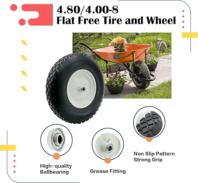 2-Pack 4.80-8 Wheelbarrow Tire and wheel with 3"-6''Centered Hub, 3/4" or 5/8''or 1/2'' Bearings, 16‘’ Tire Assembly for Hand Truck,Garden Cart (4.80/4.00-8 Flat Free,3"Center Hub,Knobby Tread)