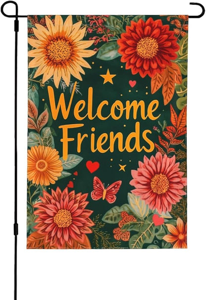 Welcome Friend Garden Flag Vertical Double Sided Outdoor Yard Flags 12.5x18 Inch Burlap Banners for House Lawn