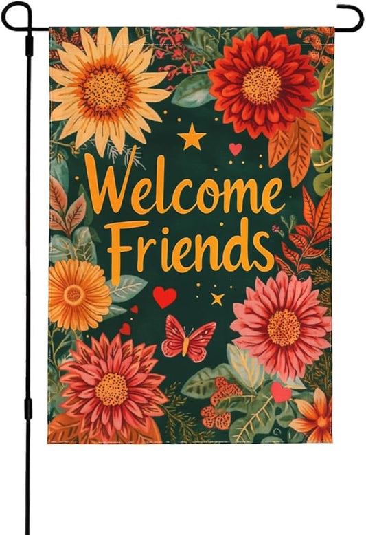 Welcome Friend Garden Flag Vertical Double Sided Outdoor Yard Flags 12.5x18 Inch Burlap Banners for House Lawn