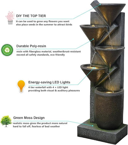 49.6" Tall Outdoor Water Fountain 5-Tier Garden Watefall Fountains Floor Standing Water Fountains with LED Lights&Pump for Garden, Living Room, Patio with Natural Stone