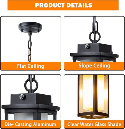 JYZ Dusk to Dawn Outdoor Hanging Light, Exterior Pendant Lantern Dusk Till Dawn, Modern Contemporary Indoor Outdoor Chandelier Lamp Ceiling Mount for Front Porch Gazebo Patio Garden Pergola