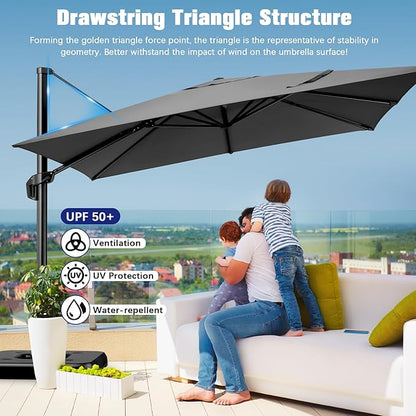 Hotime 10ft Patio Umbrella Outdoor Patio Height adjustable and Windproof, Heavy Duty Aluminum Square Offset Patio Umbrella Cantilever Pool Umbrella with 360°Rotation for Garden Deck Pool, Gray