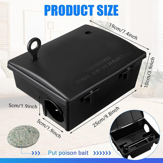 Qualirey 2 Pack Rat Bait Stations Large Rodent with Key Reusable Mouse Stations Mice Blocks Heavy Duty Boxes for Outdoor Rodents Mice Blocks, Bait Not Included, Black (9.8 x 7.5 x 3.9 Inches)